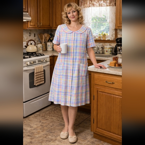 Vanity Fair Other - Vanity Fair Vintage 70's Pastel Plaid  House Coat Snap Robe Dress Pockets XL